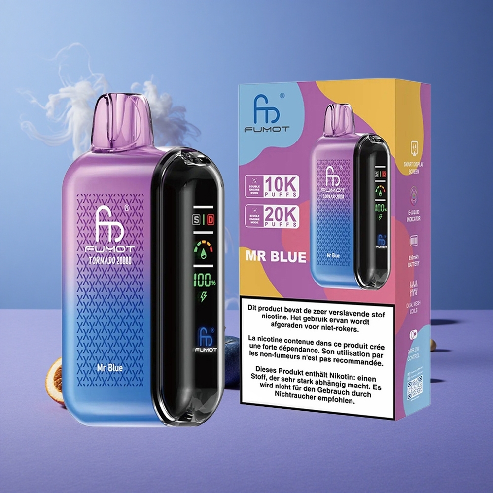 Fumot Tornado 20000 Puffs Kapasitas 20ml Mr Blue Tampilan Pintar Mode Tunggal