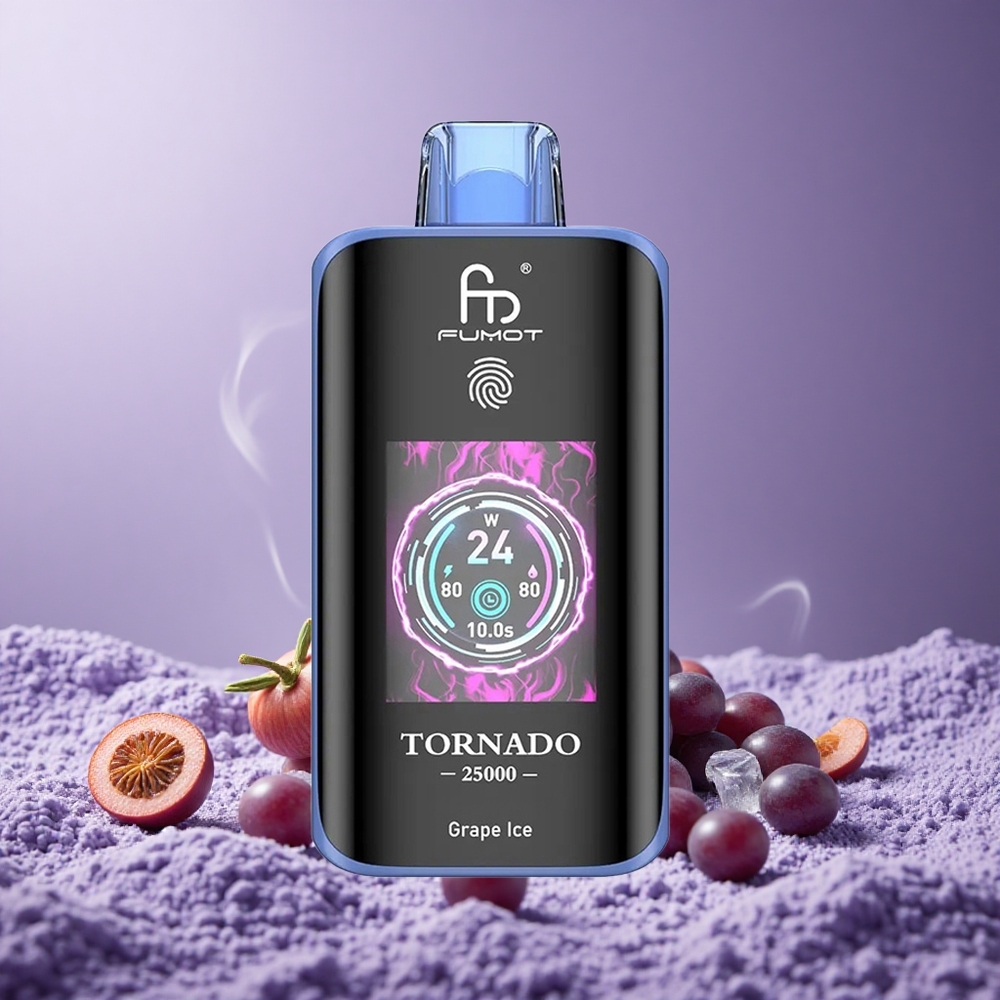 Fumot Tornado 25000 Puffs Grape Ice Baterai 700mAh Layar HD