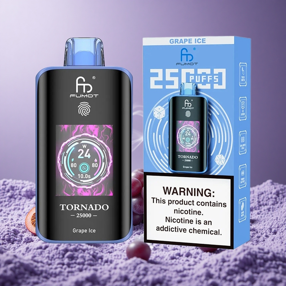 Fumot Tornado 25000 Puffs Grape Ice Baterai 700mAh Layar HD