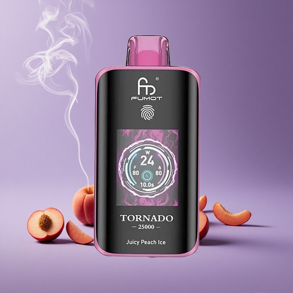 Fumot Tornado 25000 Puffs Juicy Peach Ice Layar HD Baterai 700mAh