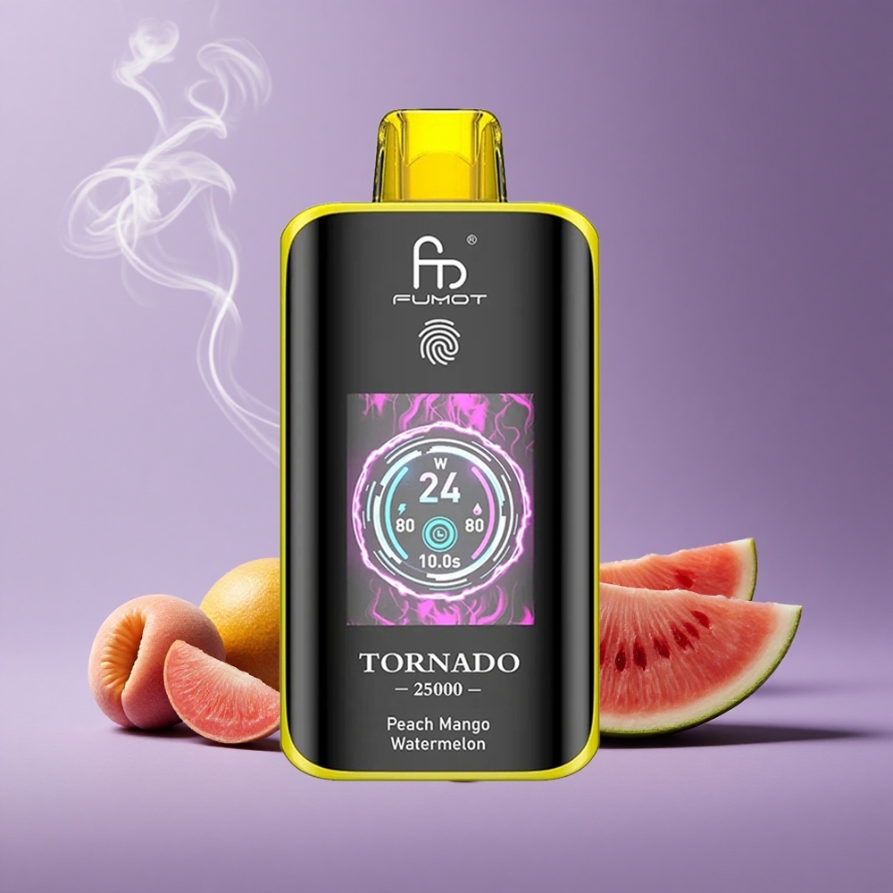 Fumot Tornado 25000 Puffs Peach Mango Watermelon Layar HD Baterai 700mAh