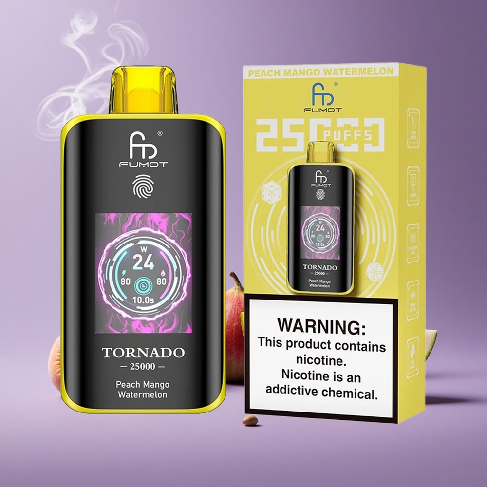Fumot Tornado 25000 Puffs Peach Mango Watermelon Layar HD Baterai 700mAh