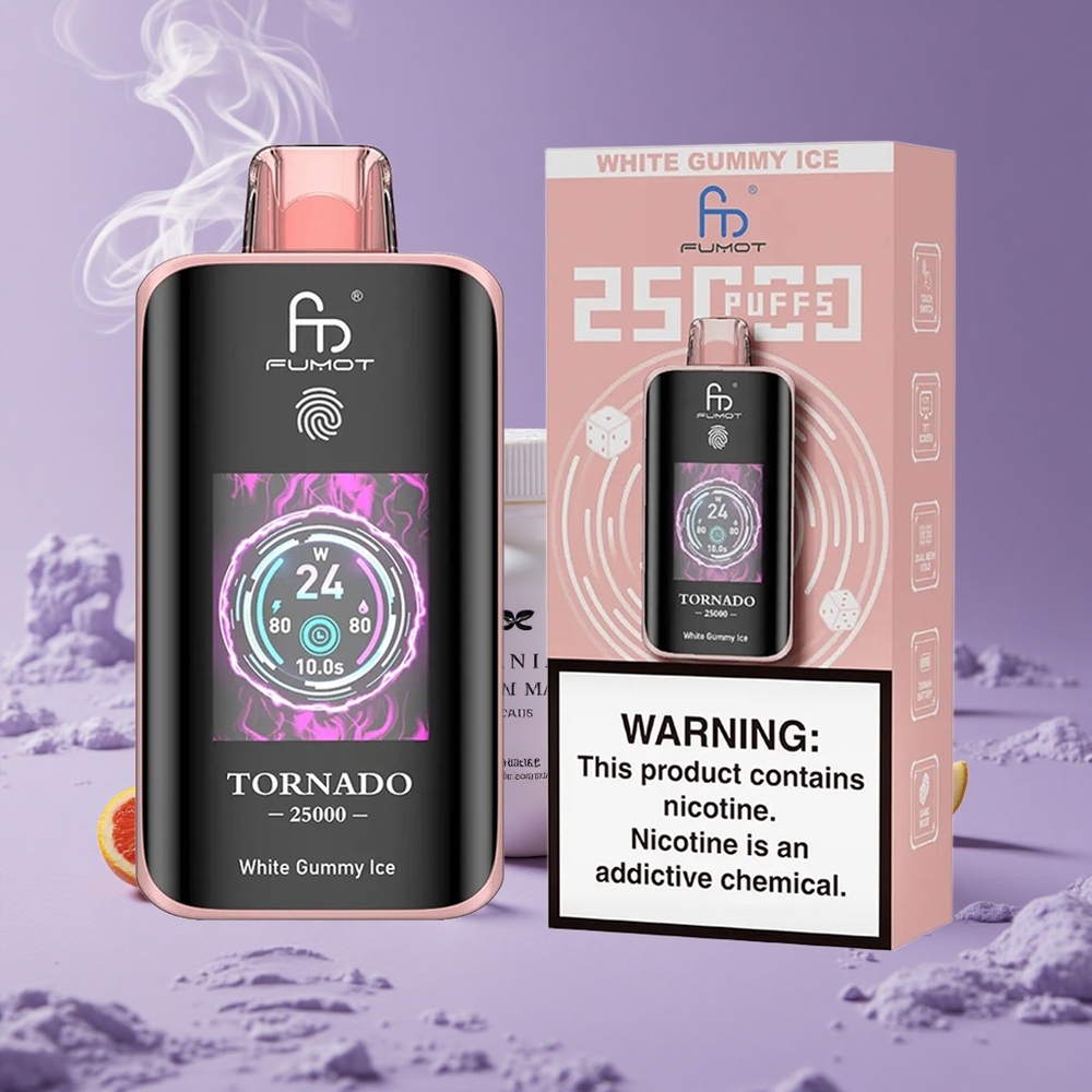 Fumot Tornado 25000 Puffs White Gummy Ice Baterai 700mAh Tipe-C