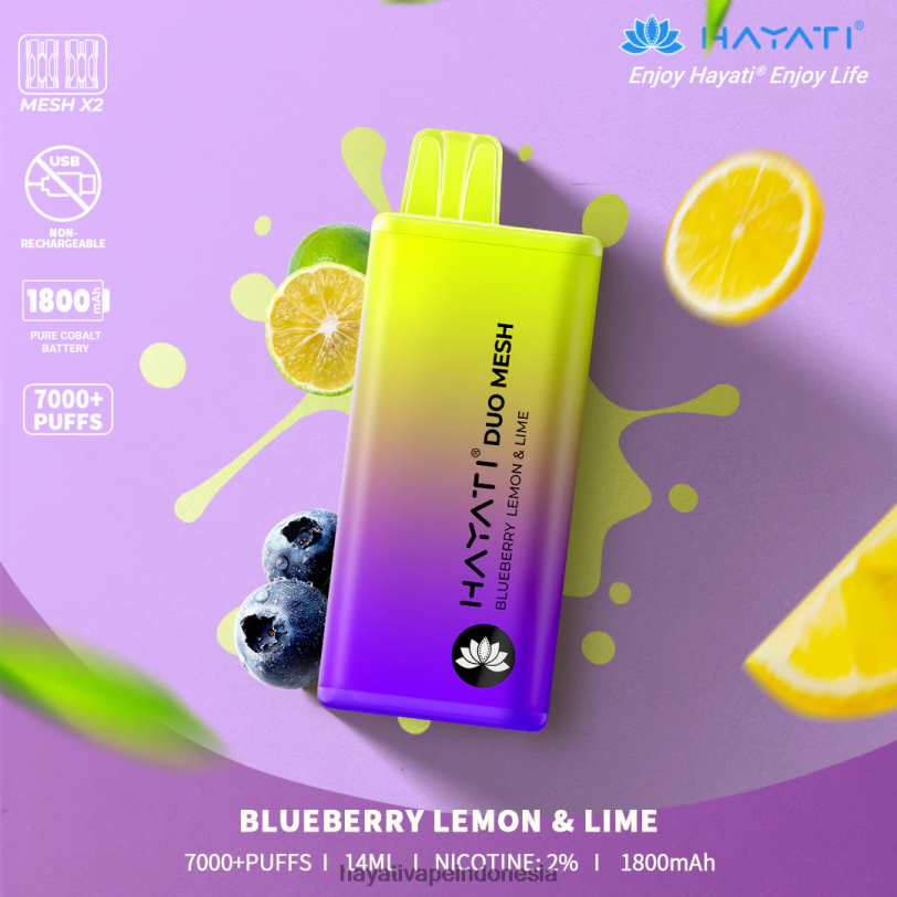Hayati Duo Mesh sekali pakai blueberry lemon & jeruk nipis A84L8165 - Hayati Vape Review