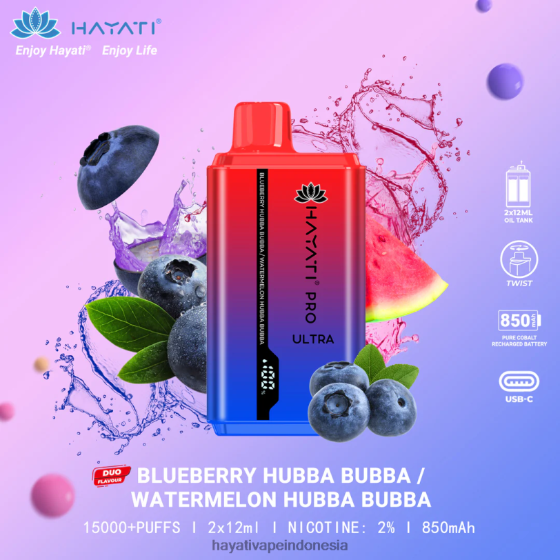 Hayati Pro Ultra sekali pakai 15.000 isapan blueberry hubba bubba/semangka hubba bubba A84L8217 - Hayati Flavour List