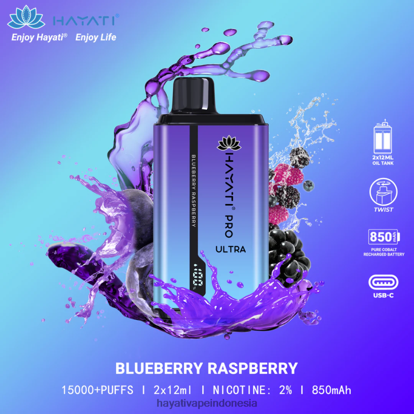 Hayati Pro Ultra sekali pakai 15.000 isapan blueberry-raspberry A84L8196 - Hayati Flavours Indonesia
