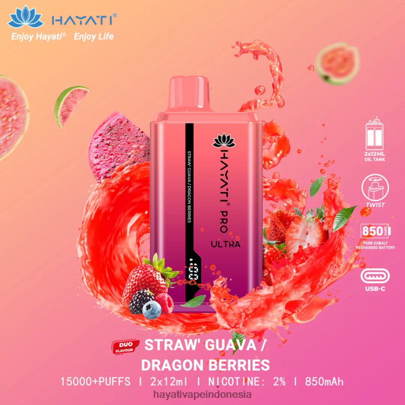 Hayati Pro Ultra sekali pakai 15.000 isapan jambu stroberi/buah naga A84L8224 - Hayati Vape Near Me