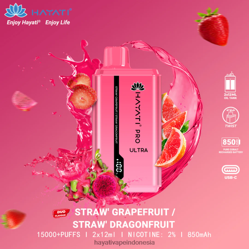 Hayati Pro Ultra sekali pakai 15.000 isapan jeruk bali stroberi/buah naga stroberi A84L8226 - Hayati Flavours Indonesia