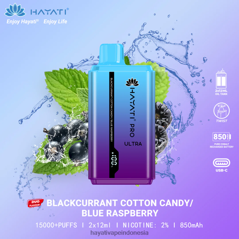 Hayati Pro Ultra sekali pakai 15.000 isapan permen kapas blackcurrant/raspberry biru A84L8216 - Hayati Flavours Indonesia